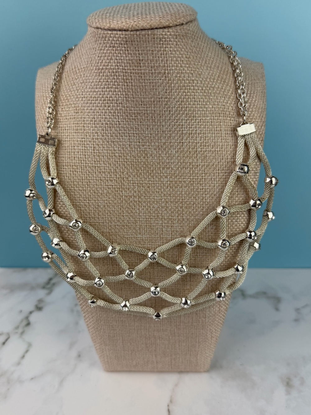 Serena Silver Mesh Bib Statement Necklace with Rhinestone Accents